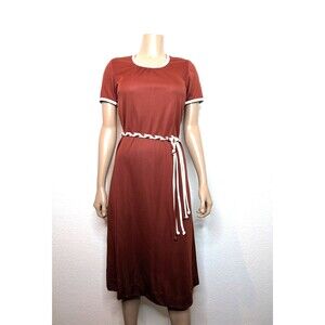Vintage 70s Womens Ringer Brown White Midi Dress Braided Tie Waist Belt Sears